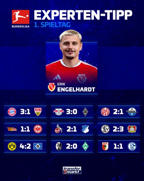 Infografik von Transfermarkt (Bundesliga): Experten-Tipp zum 1. Spieltag von Erik Engelhardt (Energie Cottbus), der mit einem Foto im roten Cottbus-Trikot abgebildet ist. Seine Tipps f&uuml;r die neun Partien lauten: FC Bayern M&uuml;nchen gegen VfB Stuttgart 3:1, RB Leipzig gegen Borussia M&ouml;nchengladbach 3:0, FSV Mainz 05 gegen SC Paderborn 2:1, Union Berlin gegen Eintracht Frankfurt 1:1, 1. FC K&ouml;ln gegen TSG Hoffenheim 2:1, SpVgg Greuther F&uuml;rth gegen Bayer Leverkusen 2:3, Borussia Dortmund gegen Hamburger SV 4:2, SC Freiburg gegen Werder Bremen 2:0 sowie FC Augsburg gegen Schalke 04 1:1.